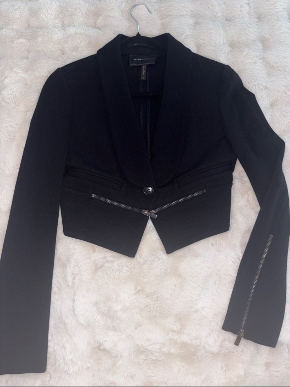 BCBGMaxAzria Black Cropped Shawl-Collar Blazer with Zipper Detail XS